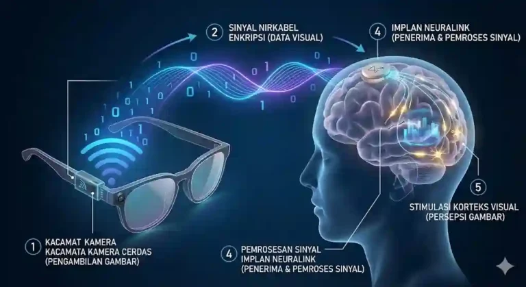 Grafik ilustrasi cara kerja sinyal wireless dari kacamata kamera menuju implant otak Neuralink.