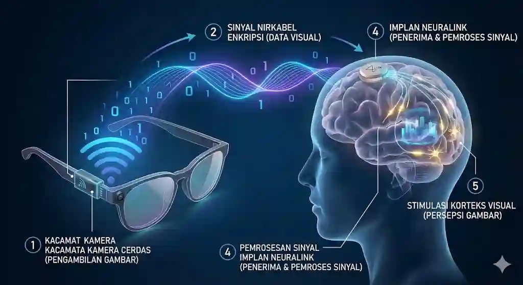 Grafik ilustrasi cara kerja sinyal wireless dari kacamata kamera menuju implant otak Neuralink.