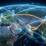 Ilustrasi jaringan simpul internet kuantum yang menghubungkan benua Asia dan Eropa dengan cahaya laser.